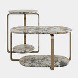 Visionnaire Button Coffee Table: Luxurious modern coffee table featuring a hand-polished marble top with captivating veining and a unique "up-side-down half bullnose" edge. The polished stainless steel base, comprised of three curved elements, creates a sense of fluidity and modern elegance.