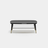 Whitby Elliptical Noir Glass Luxury Coffee Table: black gloss top with black legs and metal tips