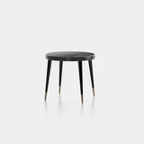 Whitby Round Noir Glass Luxury Coffee Table: black gloss top with black legs and metal tips, 70cm