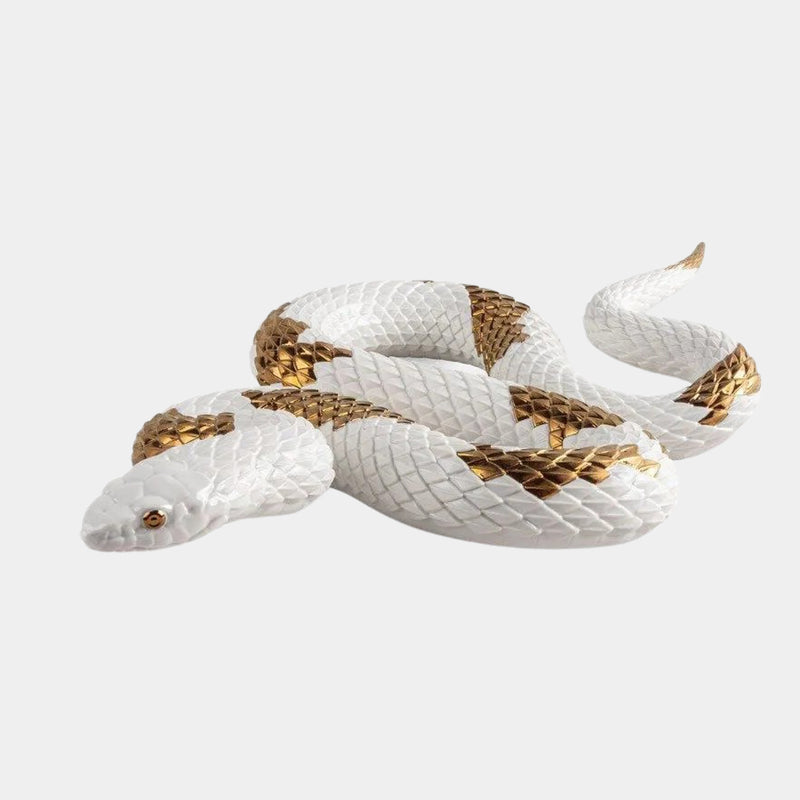 White Porcelain Luxury Snake Sculpture with Copper Luster