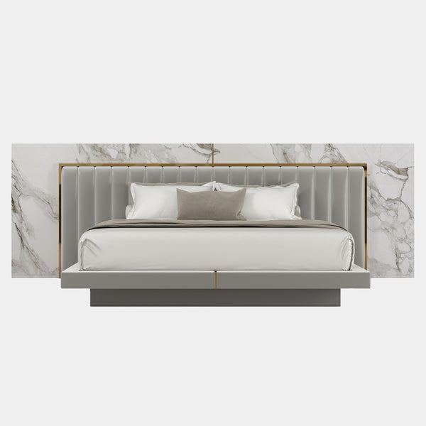 Arnault Luxury Statuario Marble Bed with Golden Polished Brass & Leather