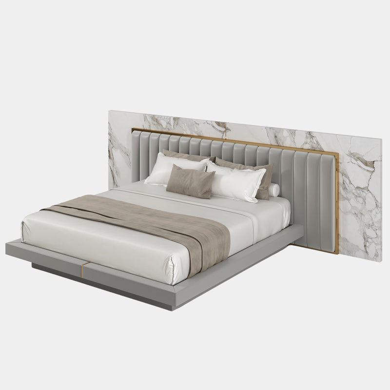 Arnault Luxury Statuario Marble Bed with Golden Polished Brass & Leather