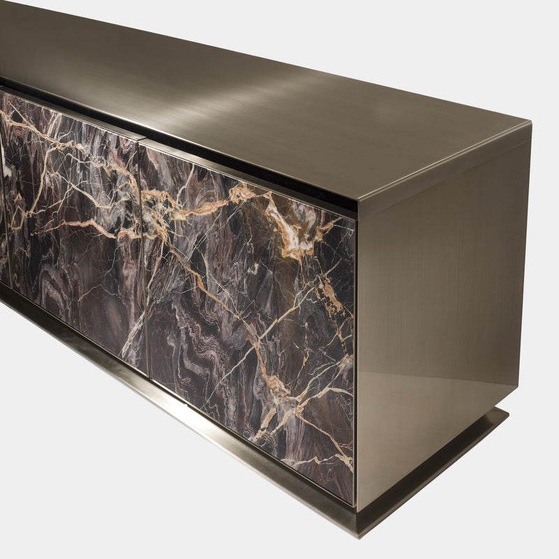 Sea Waves Confusion Dark Marble Sideboard: The Visionnaire Aurora High Unit boasts a unique design element - Confusion Dark marble doors adorned with a mesmerizing "Sea Waves" micro-relief finish. This luxurious sideboard is a focal point for the modern home.