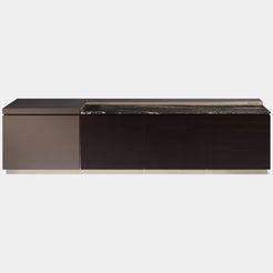 Visionnaire Barbican Low Unit: Modern luxury low unit featuring a Port Laurent marble top, textured canneté motif doors, and sleek gold metal details.