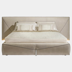 Visionnaire Bastian Bed Frame: Luxurious modern bed frame featuring a timeless design with contrasting piping details on the upholstered headboard and bed base. Available in king and queen sizes, the Bastian Bed is customizable with a variety of leathers or fabrics and metal finishes.