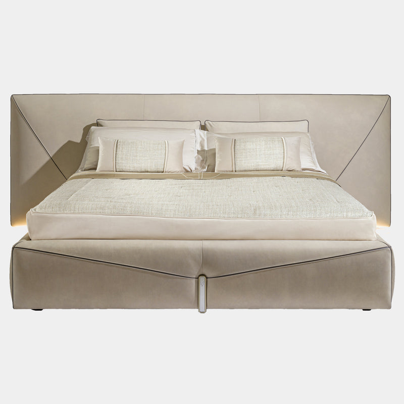 Visionnaire Bastian Bed Frame: Luxurious modern bed frame featuring a timeless design with contrasting piping details on the upholstered headboard and bed base. Available in king and queen sizes, the Bastian Bed is customizable with a variety of leathers or fabrics and metal finishes.