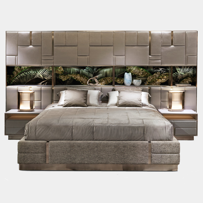 Visionnaire's Beloved Art Bed: A luxurious statement piece for the discerning master bedroom. This Art Deco-inspired design features a geometric headboard with integrated storage, artistic artwork, and plush upholstery for ultimate comfort and style.
