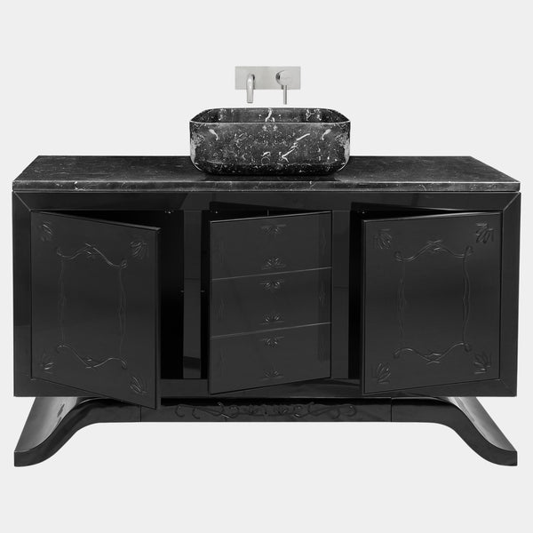 Black Lacquered Mirror & Nero Marquina Marble Washbasin