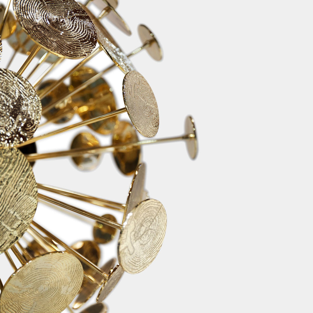 Brass Gold Plated Carved Spheres Chandelier Touched Interiors