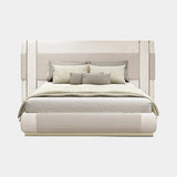 Broadway Pelle Luxury Bed with Golden Detailing: ivory channel-quilted genuine leather (Cat B Quilted), polished brass details