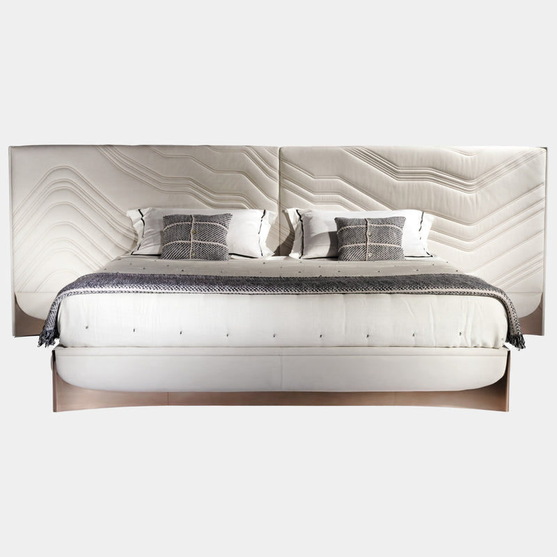 Visionnaire Ca' Foscari Bed: Modern luxury bed featuring a captivating quilted leather headboard with intricate embroidery inspired by Japanese art. This statement piece is perfect for the most glamorous master bedrooms.