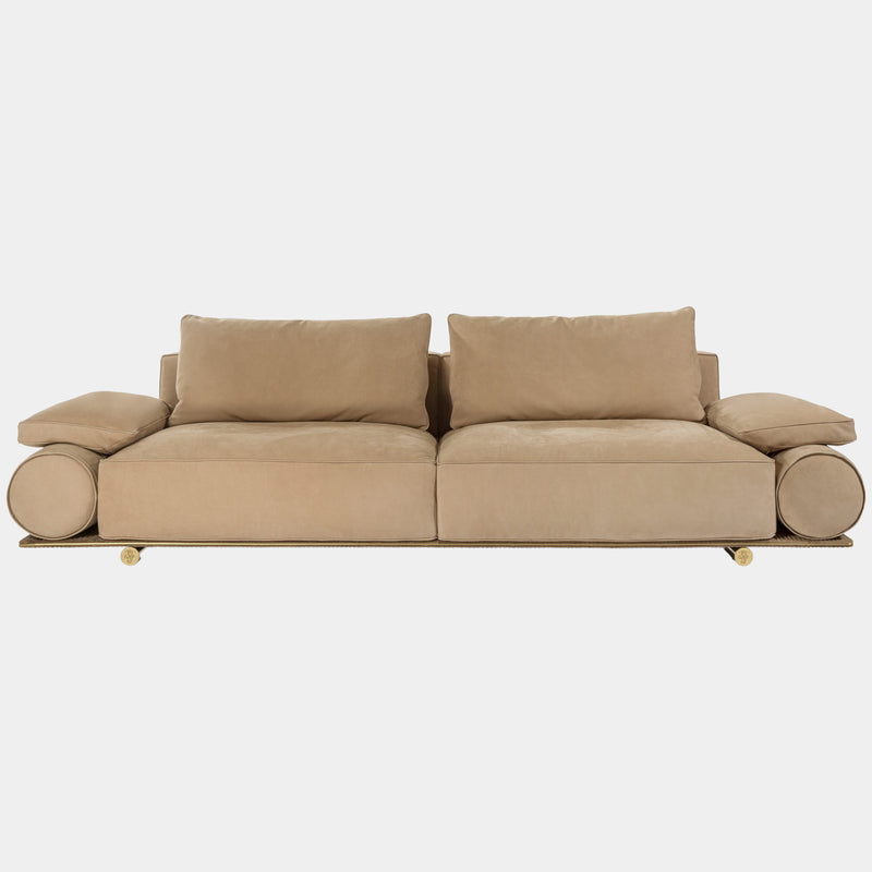 Visionnaire Donovan Roll Sofa: The Donovan Roll Sofa by Visionnaire offers a unique blend of luxury and modularity. Featuring two cylindrical upholstered armrests joined by leather belts and metal buckles, this piece allows for customisation and ultimate comfort.
