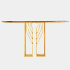 Modern Luxury Console Table: The Scarp Console: This modern console table features a rebellious design with polished brass legs and a Nero Marquina marble top, perfect for a statement piece in any luxury interior.