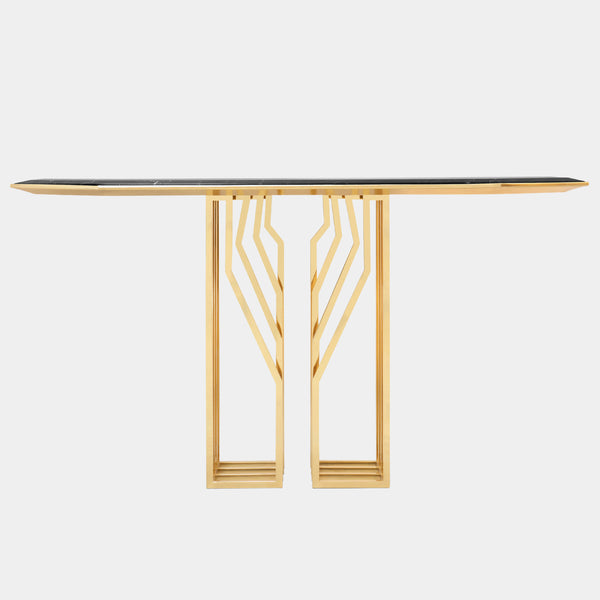 Modern Luxury Console Table: The Scarp Console: This modern console table features a rebellious design with polished brass legs and a Nero Marquina marble top, perfect for a statement piece in any luxury interior.