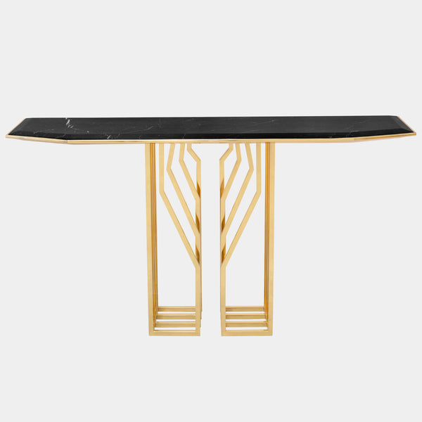 Nero Marquina Marble Console with Rebellious Design: The Scarp Console boasts a sleek Nero Marquina marble top contrasted by powerful, polished brass legs for a touch of rebellion in your modern home.