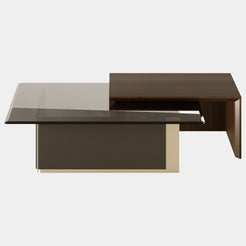 Inspired by modern architecture, the Robert Center Table is a combination of fluid clean lines and materials. The brass on the foot is involved by a thin wood layer, offering support to a rectangular surface made out of glass. Embellishing the design, it arises a beautiful wood structure protecting the vulnerability of the interior structure.