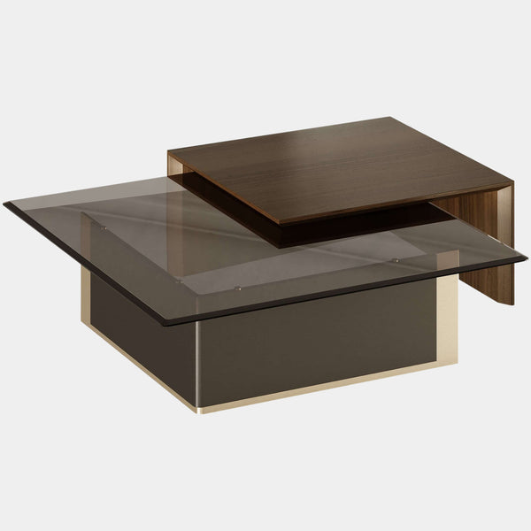 Inspired by modern architecture, the Robert Center Table is a combination of fluid clean lines and materials. The brass on the foot is involved by a thin wood layer, offering support to a rectangular surface made out of glass. Embellishing the design, it arises a beautiful wood structure protecting the vulnerability of the interior structure.