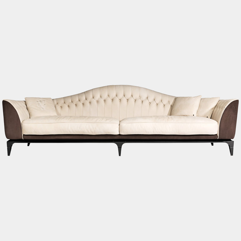 Visionnaire's Freyr Sofa: The epitome of modern luxury. This Italian-designed sofa features a seamless shell design, two-tone leather upholstery with contrasting stitching, and plush Memory Foam® seating for unparalleled comfort.