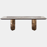 Visionnaire's Galitsin Dining Table: A fusion of art and dining. This Art Deco masterpiece features a polished stainless steel and copper infused marble top with a hand-crafted artistic insert, creating a luxurious centrepiece for your dining space.