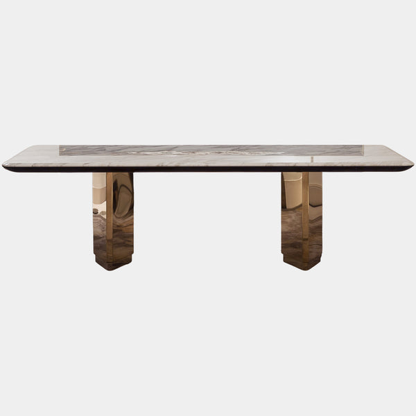 Visionnaire's Galitsin Dining Table: A fusion of art and dining. This Art Deco masterpiece features a polished stainless steel and copper infused marble top with a hand-crafted artistic insert, creating a luxurious centrepiece for your dining space.