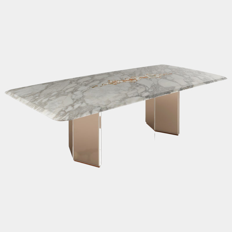 The Galitsin Dining Table by Maria Serebryanaya & Roberta Verteramo: Art Deco luxury redefined. This Italian-designed table boasts a stunning marble top with an artistic copper insert, high-gloss lacquered wood under-top, and a sleek metal base.