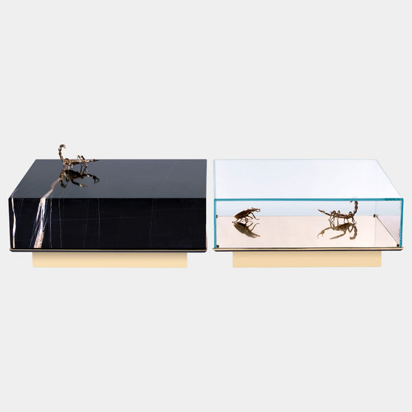 Glass, Marble & Cast Brass Oversized Coffee Table with Gold Scorpions