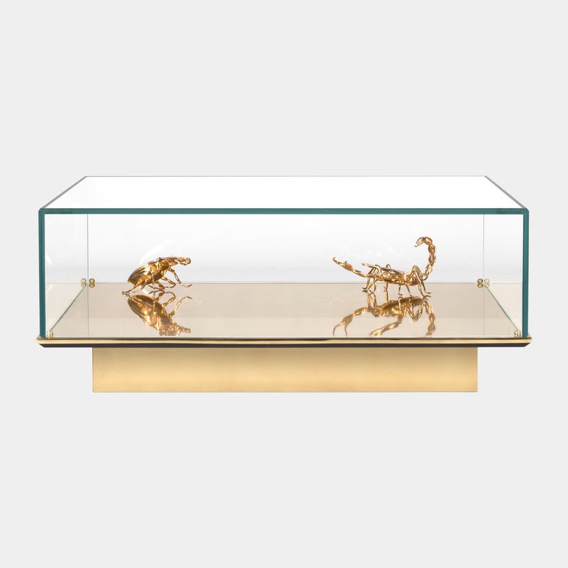 Glass, Marble & Cast Brass Oversized Coffee Table with Gold Scorpions