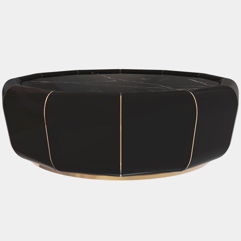 Glossy Black, Polished Brass & Black Marble Circular Coffee Table