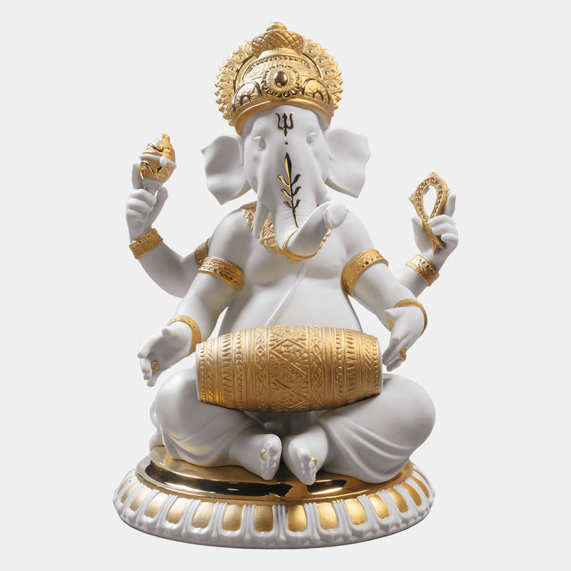 Golden Lustre Mridangam Ganesha Figurine