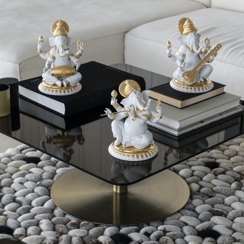 Golden Lustre Mridangam Ganesha Figurine
