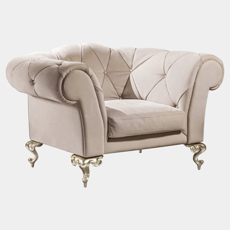 Grand Buttoned Luxury Armchair with Champagne Leaf Carving