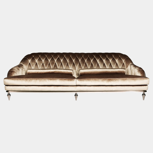 Visionnaire Hagal Sofa: Modern luxury sofa featuring a diamond-quilted velvet backrest, plush Memory Foam® cushions, and chrome-finished feet.