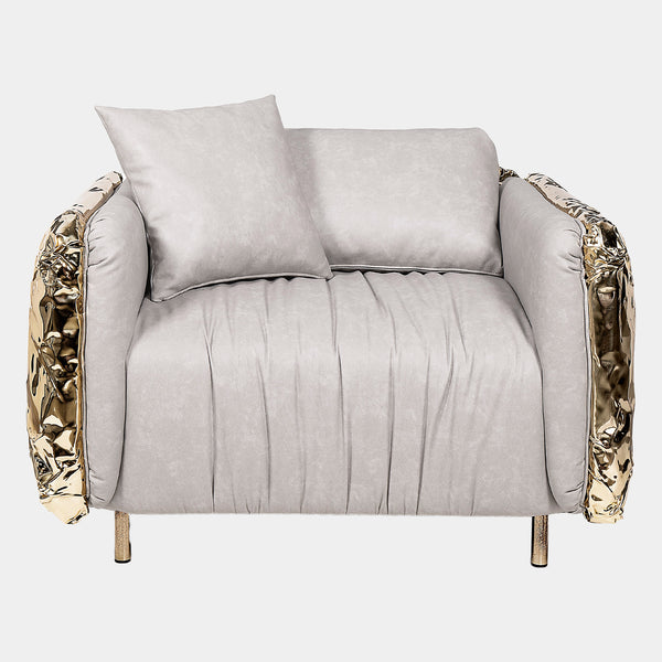 Hammered Crushed Brass Luxury Armchair with Crinkled Upholstery