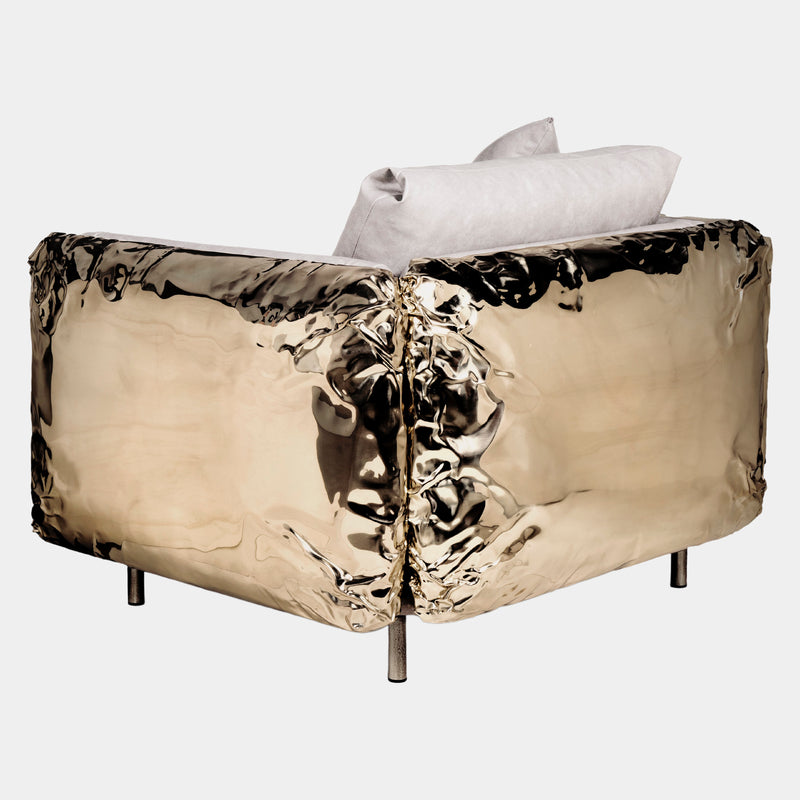 Hammered Crushed Brass Luxury Armchair with Crinkled Upholstery