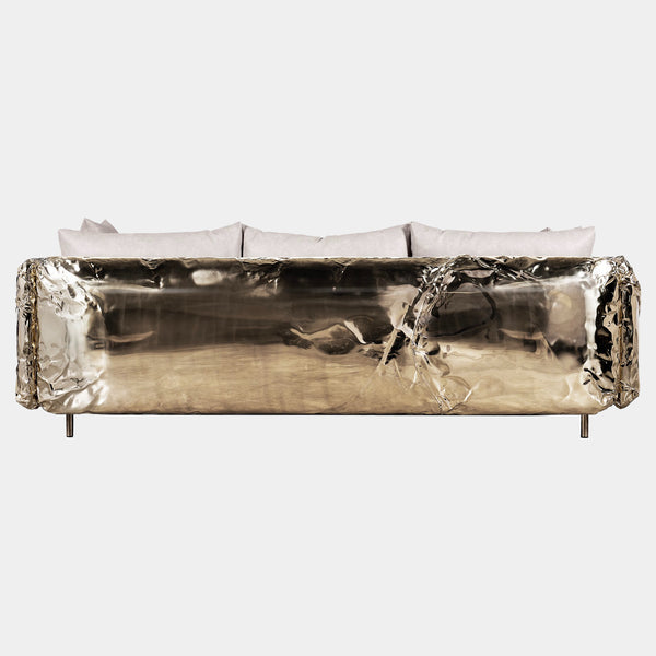 Hammered Crushed Brass Luxury Sofa with Crinkled Upholstery