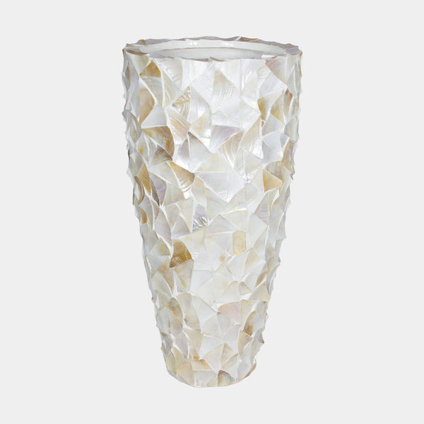 Handcrafted mother-of-pearl white shell floor vase, a luxurious decorative piece for high-end home decor, showcasing artisanal craftsmanship and elegance.