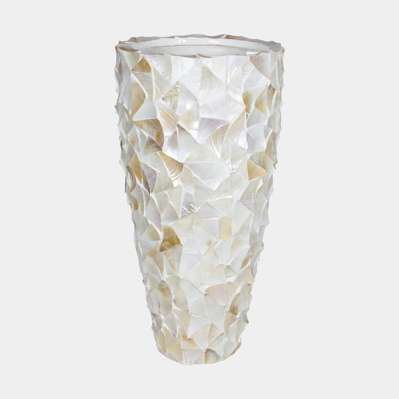 Handcrafted mother-of-pearl white shell floor vase, a luxurious decorative piece for high-end home decor, showcasing artisanal craftsmanship and elegance.