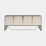 Italian Rocco Sideboard with Metal Detailing: matt beige taupe lacquer doors with a dark wood top, polished brass details