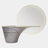 Visionnaire Jet Plane Makeup Unit: Luxurious modern makeup vanity featuring a unique architectural design inspired by a jet plane. This statement piece offers ample storage, customizable finishes, and the option to pair with a matching LED mirror.