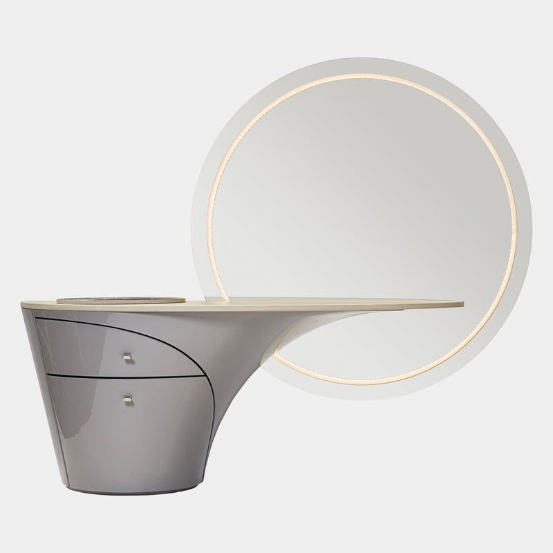Visionnaire Jet Plane Makeup Unit: Luxurious modern makeup vanity featuring a unique architectural design inspired by a jet plane. This statement piece offers ample storage, customizable finishes, and the option to pair with a matching LED mirror.