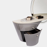 Jet Plane Makeup Vanity with Drawers: The Jet Plane Makeup Vanity by Visionnaire features two spacious drawers with leather and brass handles for organized storage of your makeup essentials. The drawers are lined with soft microfiber for added protection.