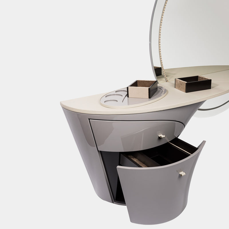 Jet Plane Makeup Vanity with Drawers: The Jet Plane Makeup Vanity by Visionnaire features two spacious drawers with leather and brass handles for organized storage of your makeup essentials. The drawers are lined with soft microfiber for added protection.