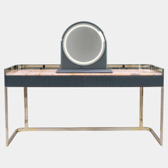 Visionnaire Kobol Makeup Vanity: Modern luxury makeup vanity featuring a stunning Crystal Juliet marble top, round LED mirror with adjustable lighting, concealed storage compartments, and sleek chrome metal base.