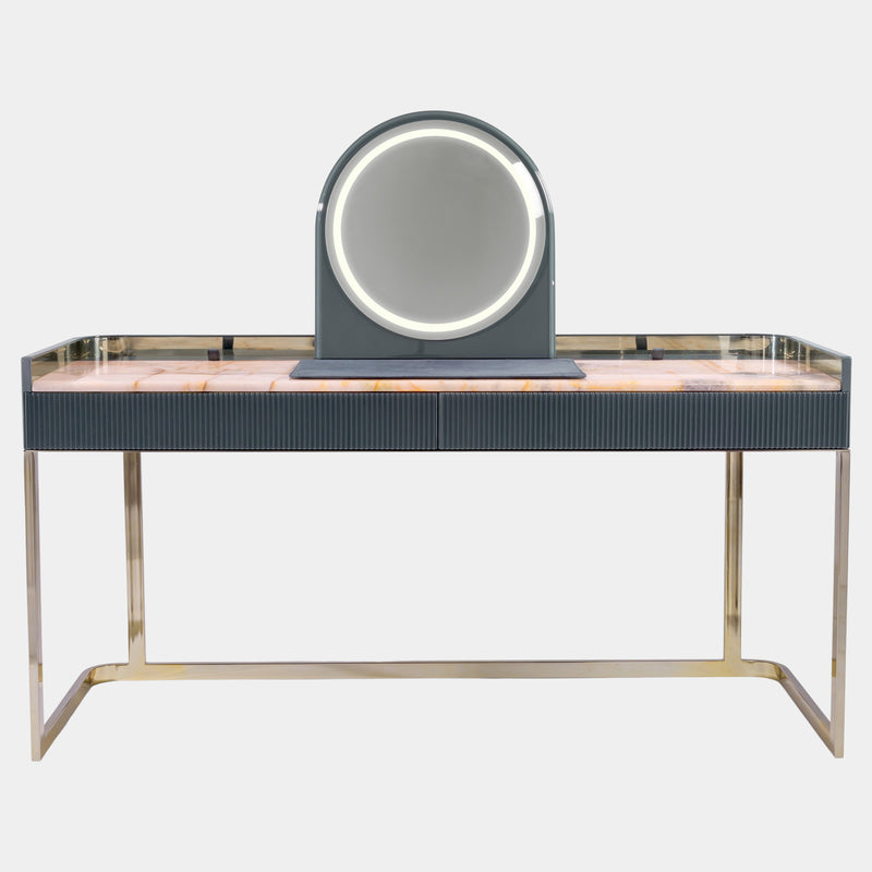 Visionnaire Kobol Makeup Vanity: Modern luxury makeup vanity featuring a stunning Crystal Juliet marble top, round LED mirror with adjustable lighting, concealed storage compartments, and sleek chrome metal base.