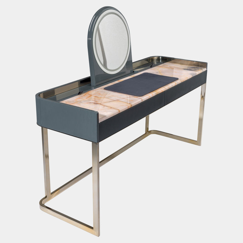 Luxury Marble Top Makeup Table: Visionnaire's Kobol Makeup Unit elevates your vanity space with a Crystal Juliet marble top, offering both beauty and functionality. This piece features an LED mirror, concealed storage, and a customisable metal base.