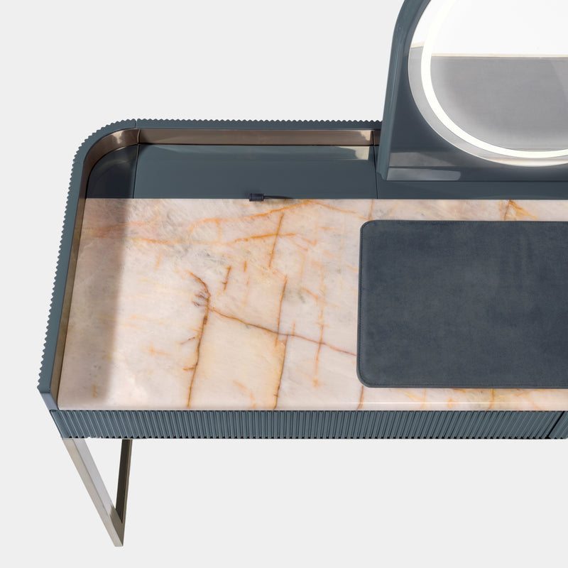 Modern Makeup Vanity with LED Mirror: The Kobol Makeup Unit by Visionnaire features a built-in, round LED mirror with adjustable lighting, ensuring perfect illumination for flawless makeup application.