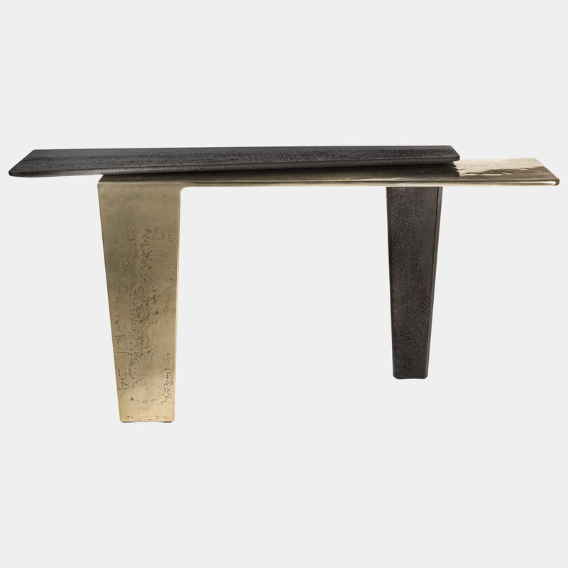 Visionnaire Lego Console Table: Modern luxury console table featuring a unique combination of textured cement and hand-polished aluminum with a customisable finish.