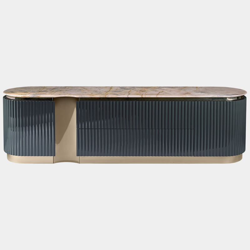 Visionnaire Leonardo Chest of Drawers: Luxurious modern chest of drawers featuring a polished marble top, hand-carved canneté motif on the doors, and a curved stainless steel structure. This statement piece adds a touch of modern elegance to any bedroom.
