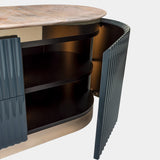 Hand-Carved Details on Modern Dresser: The Visionnaire Leonardo Dresser boasts exquisitely hand-carved canneté motifs on the doors, showcasing Italian craftsmanship and meticulous attention to detail.