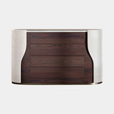 Lucho Oval Chest of Drawers: ivory genuine leather sides (Cat B) with matt dark walnut drawers